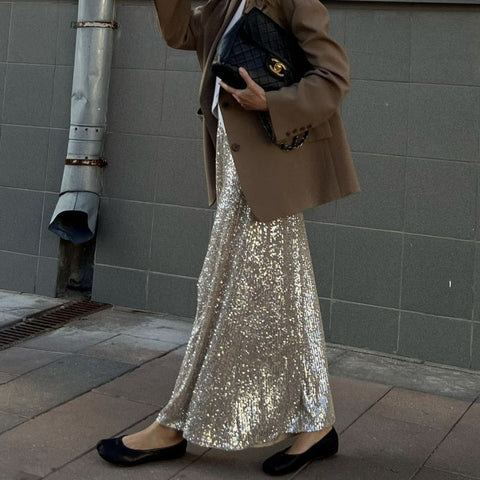 Syren Glitter Metallic Sequin Maxi Skirts watereverysunday