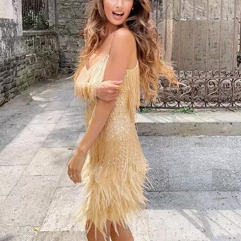 gold tassel sequin dress BABEYOND Sequin Fringe 1920s Party Dress, Roaring 20s Sparkly Dress, Gatsby Party Dress, Champagne, Size XL