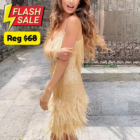 Teressa Feather Tassel Sequin Mini Dress - GOLD/S - SALE