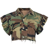 Valerie Camo Ruffle Sleeve Cropped Utility Jacket
