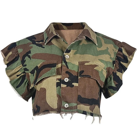 Valerie Camo Ruffle Sleeve Cropped Utility Jacket