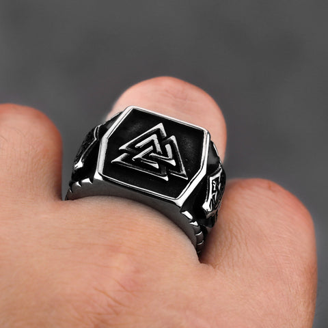 thumbnail image 2 of Gothic Biker Mens 316L Stainless Steel Viking Thor's Hammer Ring – Retro Norse Thunder God Jewelry (Silver/Black) 2 of 3