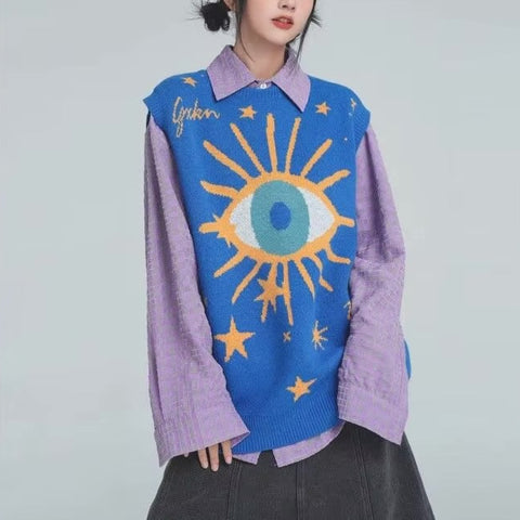 Van Big Eyes Printed Intarsia Sweater Vest