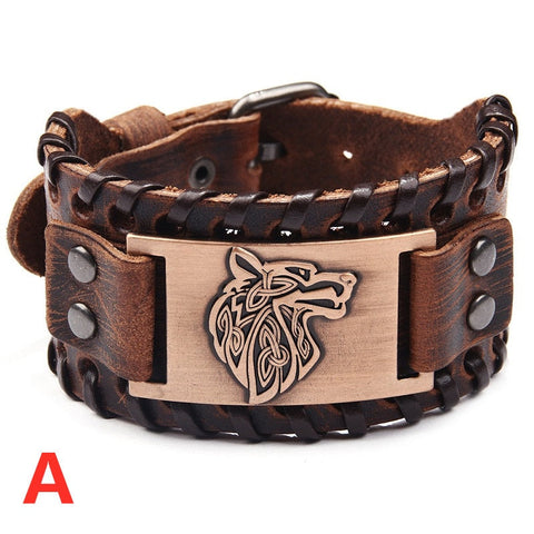 Viking Wolf Head Leather Bracelet watereverysunday
