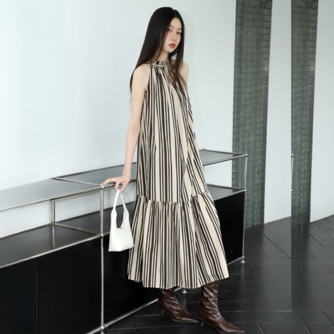 Yejin Vetical Stripe Halter Maxi Dress watereverysunday