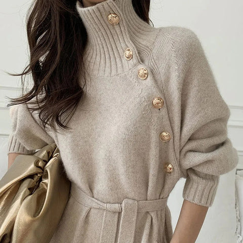 Zoe Side Button Funnel Neck Sweater Dress - Main Image