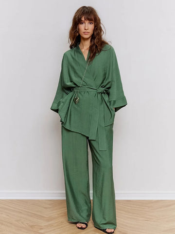 Lena Green Belted Top & Pants Set
